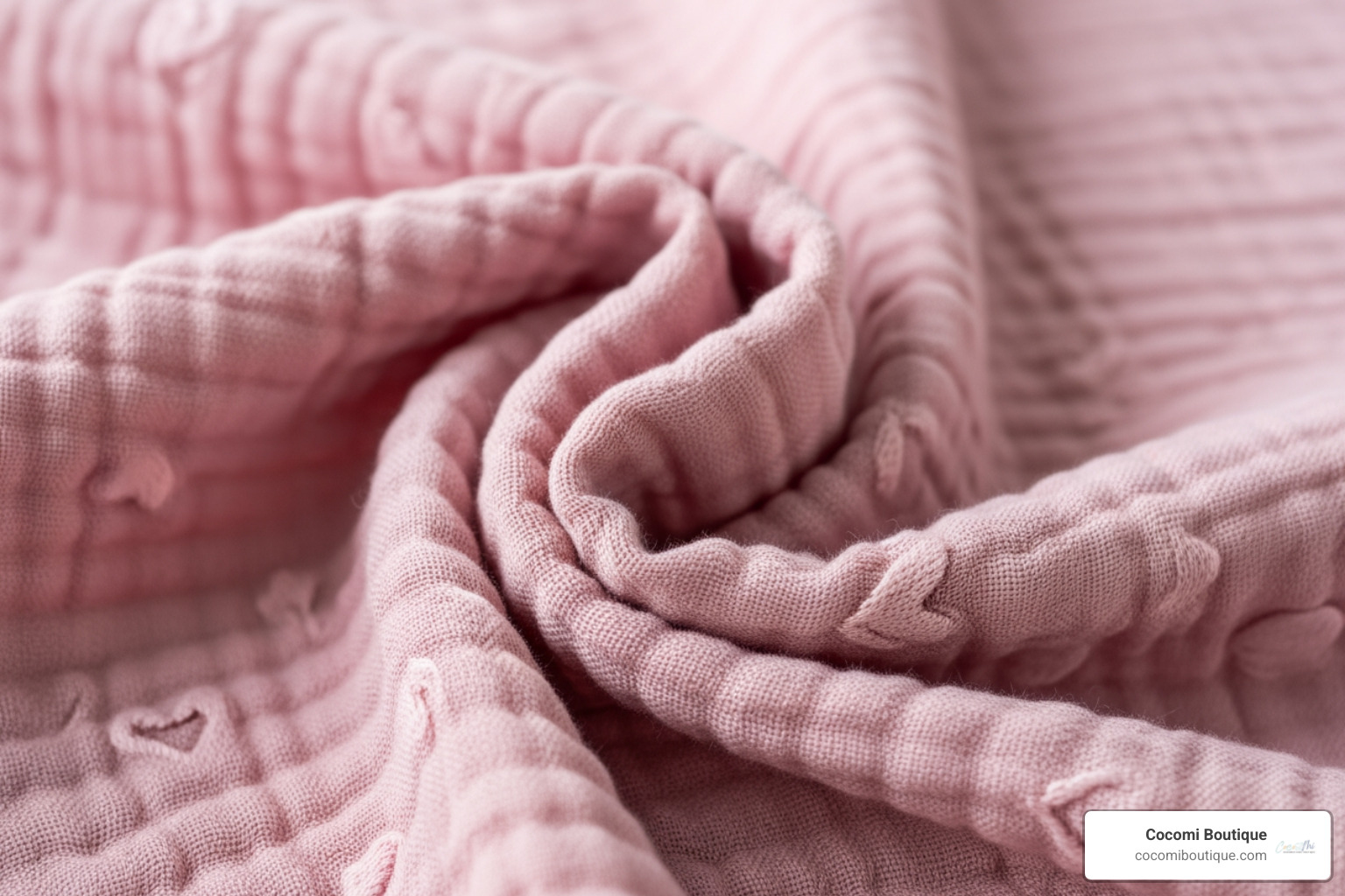 close-up of a pink muslin blanket with a heart pattern - Pink muslin blanket