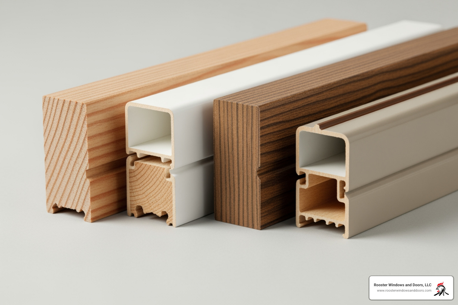 samples of different window trim materials like wood, PVC, composite, and aluminum-clad - exterior window trim replacement