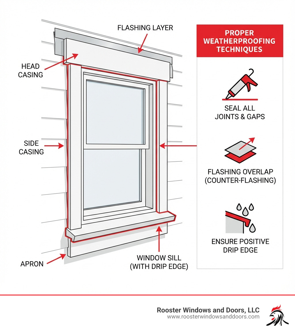 infographic showing anatomy of exterior window trim with labeled parts including head casing, side casing, window sill with drip edge, apron, and flashing layer, plus callouts showing proper weatherproofing techniques - exterior window trim replacement infographic 