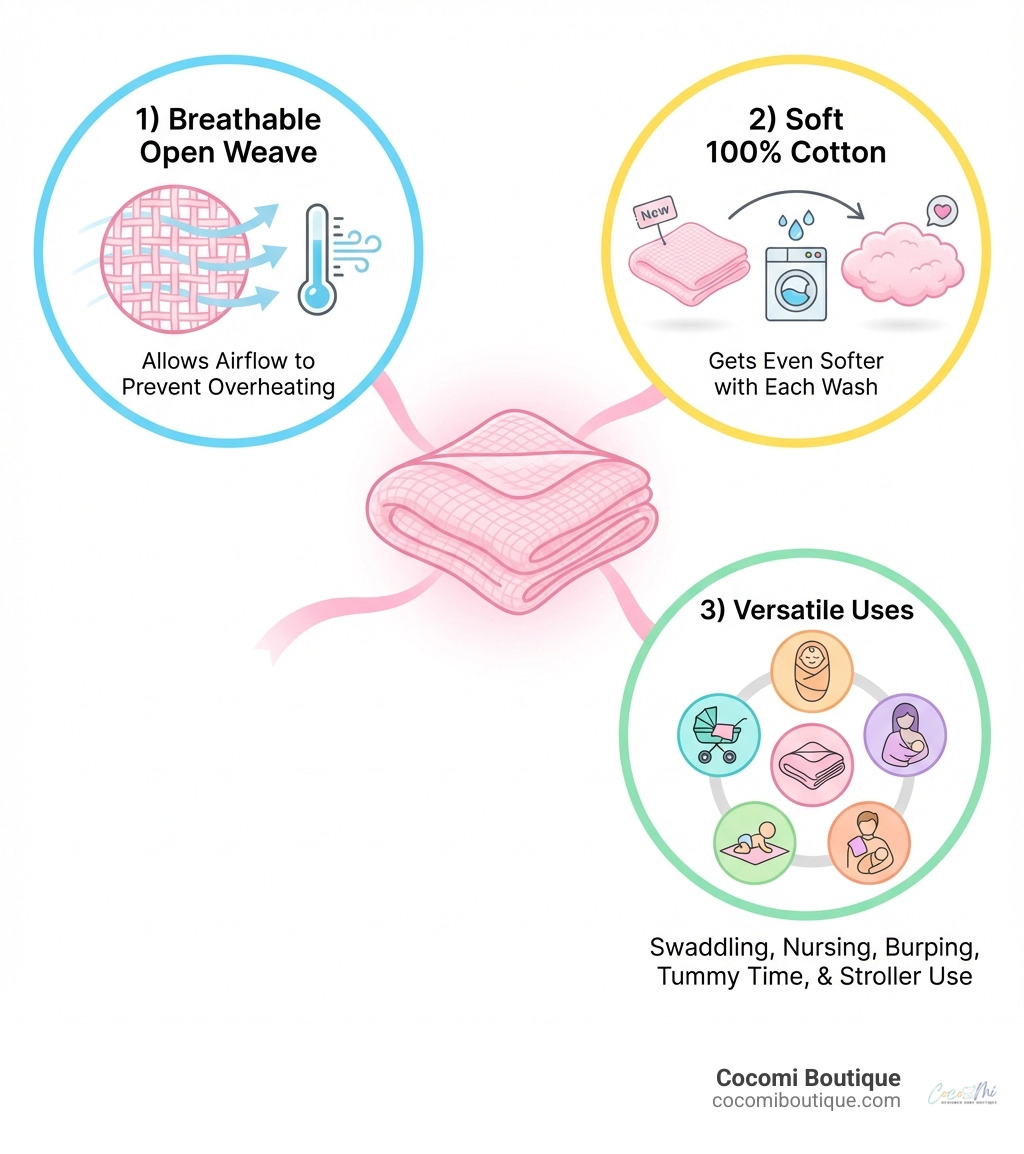 infographic showing three key benefits of pink muslin blankets: 1) Breathable open weave allows airflow to prevent overheating, 2) Soft 100% cotton gets even softer with each wash, 3) Versatile for swaddling, nursing, burping, tummy time, and stroller use - Pink muslin blanket infographic 