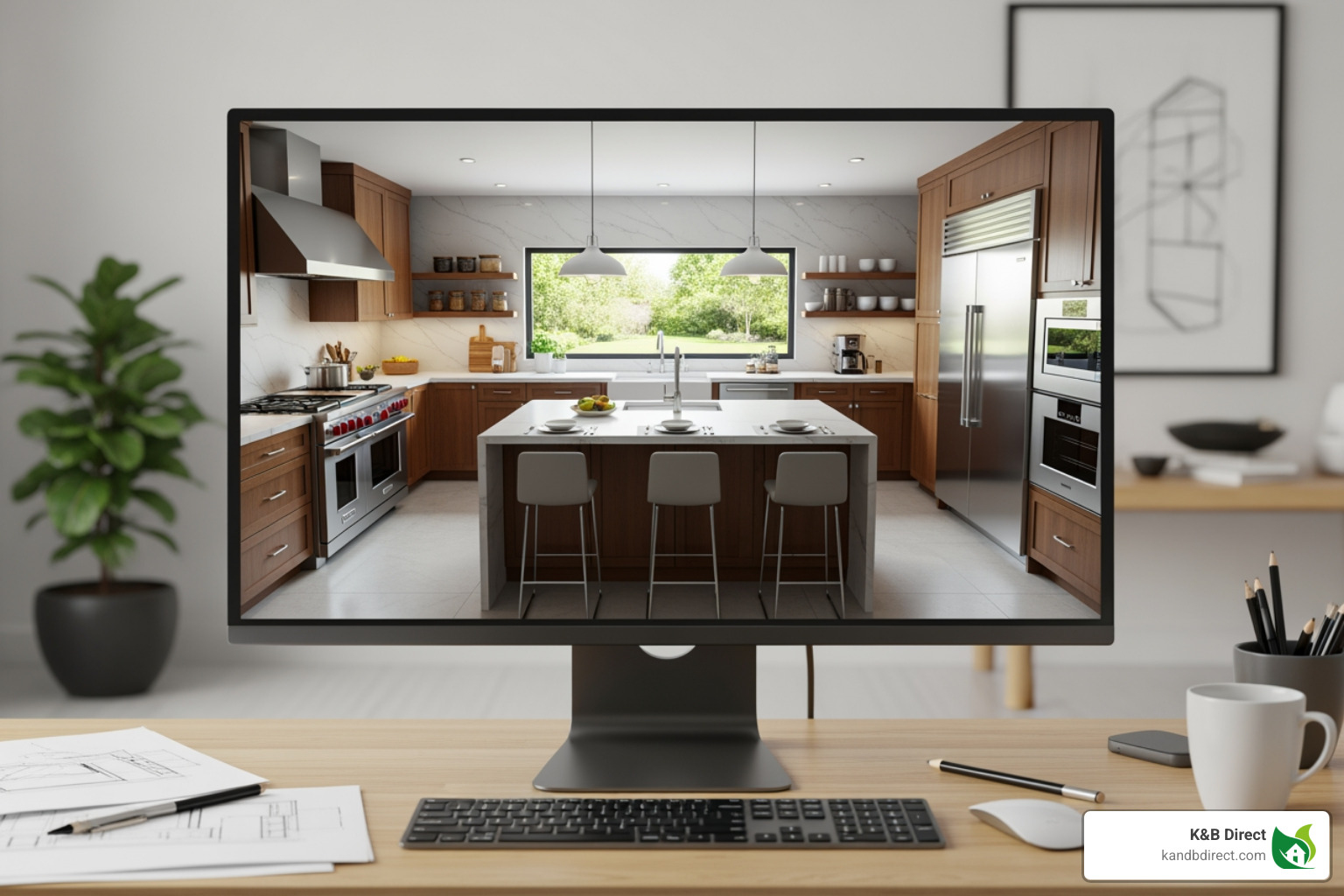 3D kitchen design rendering on a computer screen, showing a modern kitchen layout with island and appliances - New kitchen cabinets Chicago 3D kitchen design rendering on a computer screen, showing a modern kitchen layout with island and appliances - New kitchen cabinets Chicago