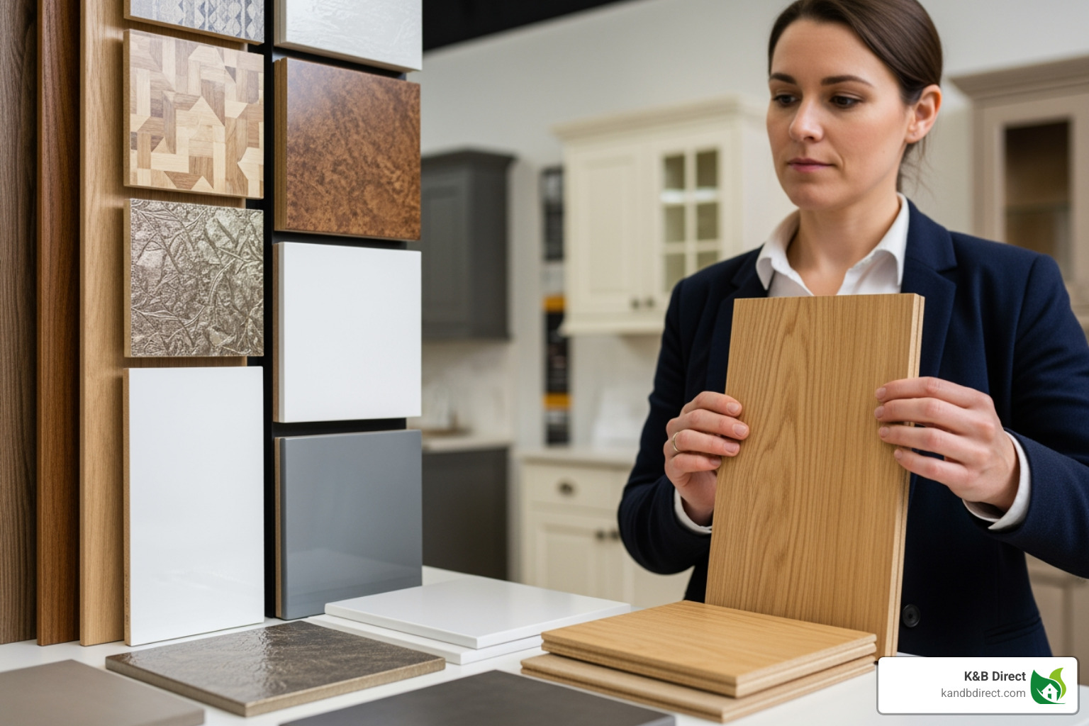 A person examining cabinet material samples in a showroom, touching a wood sample while looking at other options - New kitchen cabinets Chicago A person examining cabinet material samples in a showroom, touching a wood sample while looking at other options - New kitchen cabinets Chicago