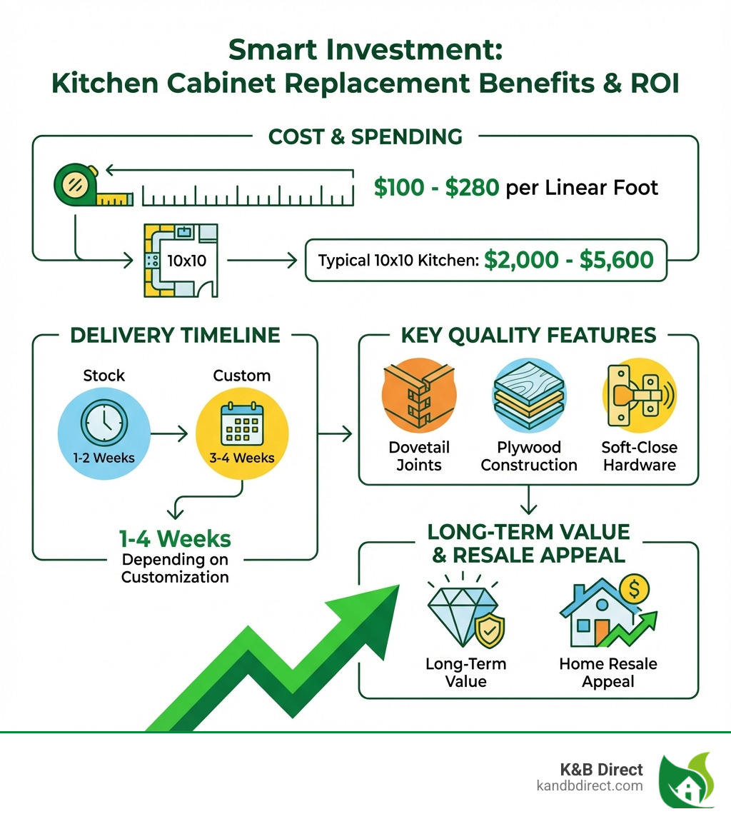 Infographic showing the benefits and ROI of kitchen cabinet replacement, including typical spending for a 10x10 kitchen, delivery timelines of 1-4 weeks depending on customization, and key quality features like dovetail joints, plywood construction, and soft-close hardware that contribute to long-term value and home resale appeal - New kitchen cabinets Chicago infographic Infographic showing the benefits and ROI of kitchen cabinet replacement, including typical spending for a 10x10 kitchen, delivery timelines of 1-4 weeks depending on customization, and key quality features like dovetail joints, plywood construction, and soft-close hardware that contribute to long-term value and home resale appeal - New kitchen cabinets Chicago infographic