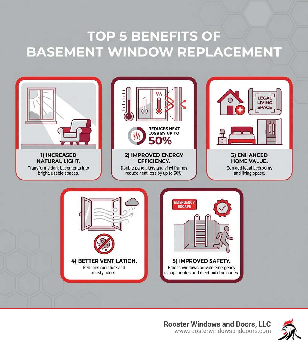 Infographic showing the top 5 benefits of basement window replacement: 1) Increased Natural Light - transforms dark basements into bright, usable spaces; 2) Improved Energy Efficiency - double-pane glass and vinyl frames reduce heat loss by up to 50%; 3) Enhanced Home Value - can add legal bedrooms and living space; 4) Better Ventilation - reduces moisture and musty odors; 5) Improved Safety - egress windows provide emergency escape routes and meet building codes - basement window replacement infographic 