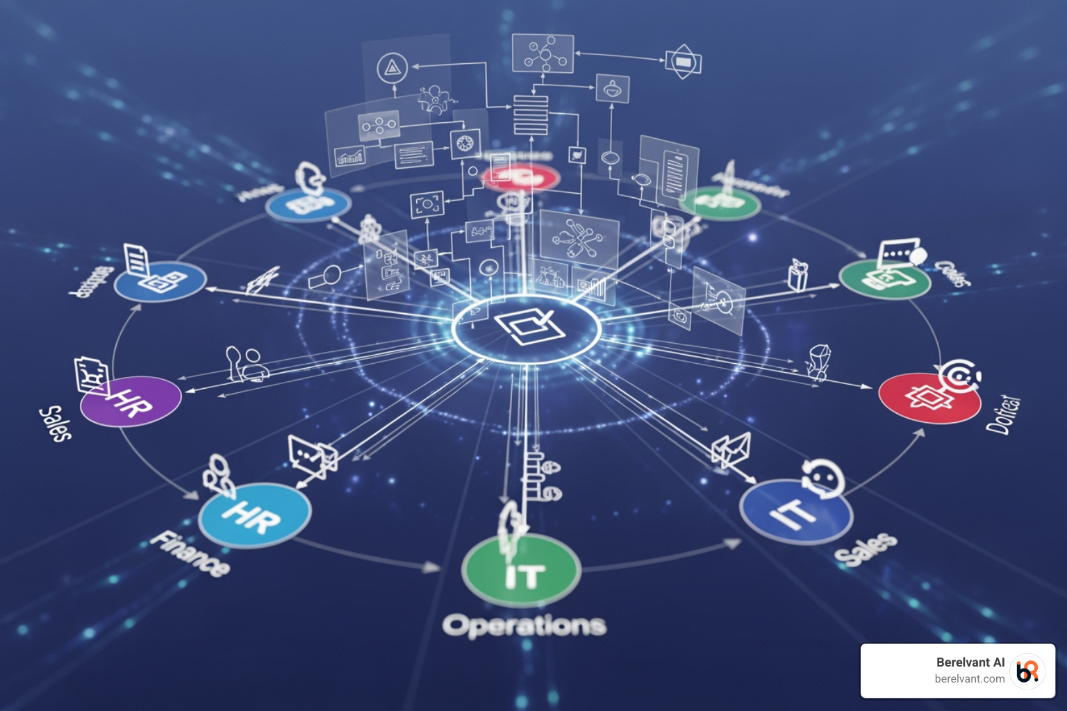 Diagram showing a complex customer onboarding workflow spanning multiple departments like Sales, Legal, Finance, and Operations with automated handoffs and approvals - enterprise workflow automation
