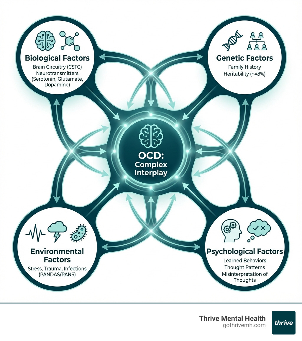 Infographic showing four interconnected pillars labeled Biological Factors (brain circuitry and neurotransmitters), Genetic Factors (family history and heritability), Environmental Factors (stress, trauma, and infections), and Psychological Factors (learned behaviors and thought patterns), with arrows indicating their interaction in causing OCD - what causes ocd infographic 