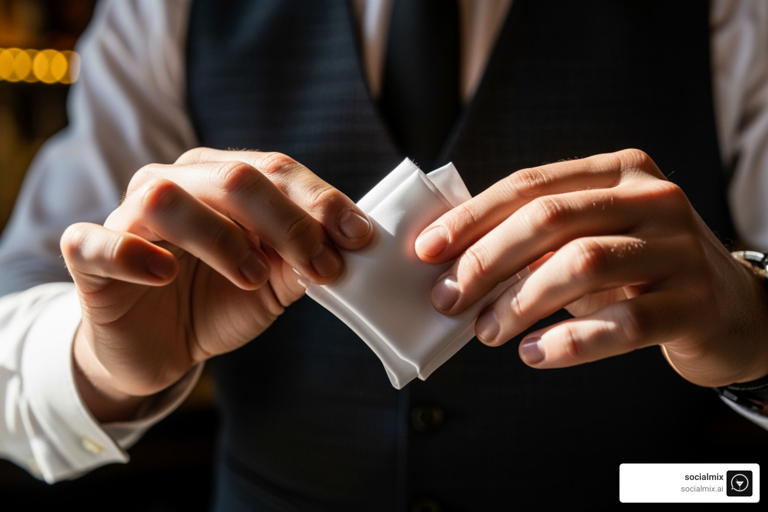A bartender's hands demonstrating the Presidential Fold against a dark vest - Stylish pocket squares A bartender's hands demonstrating the Presidential Fold against a dark vest - Stylish pocket squares
