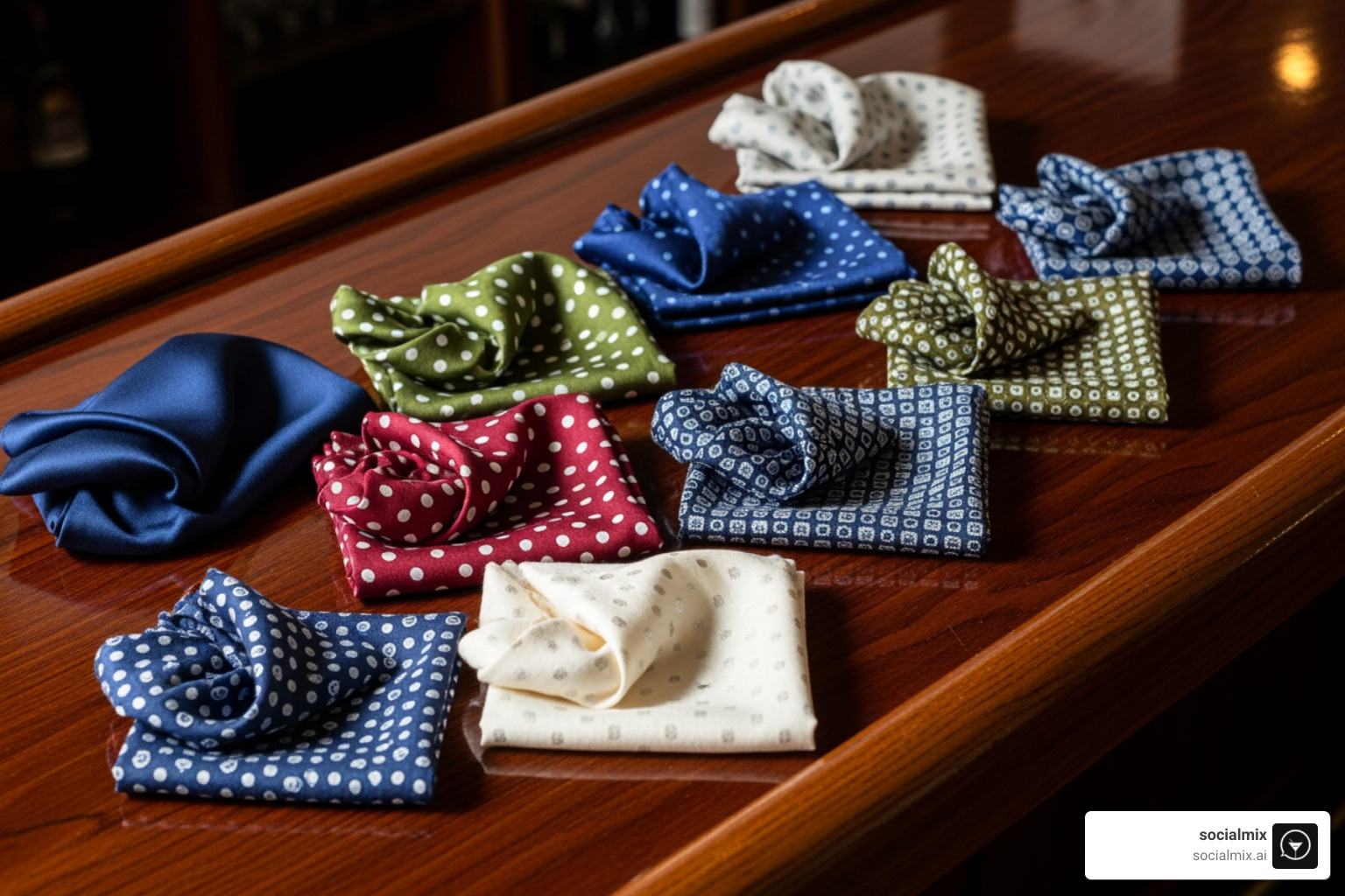 various pocket squares in silk, linen, and cotton laid out on a dark wood bar top - Stylish pocket squares various pocket squares in silk, linen, and cotton laid out on a dark wood bar top - Stylish pocket squares