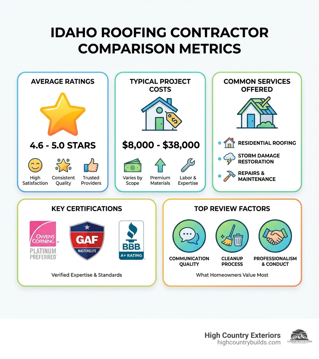 Infographic showing Idaho roofing contractor comparison metrics including average ratings 4.6-5.0 stars, typical project costs $8,000-$38,000, common services offered like residential roofing storm damage restoration and repairs, key certifications to look for such as Owens Corning Platinum Preferred GAF MasterElite and BBB A+ rating, and top review factors including communication quality cleanup process and professionalism - idaho roofing contractors reviews infographic 