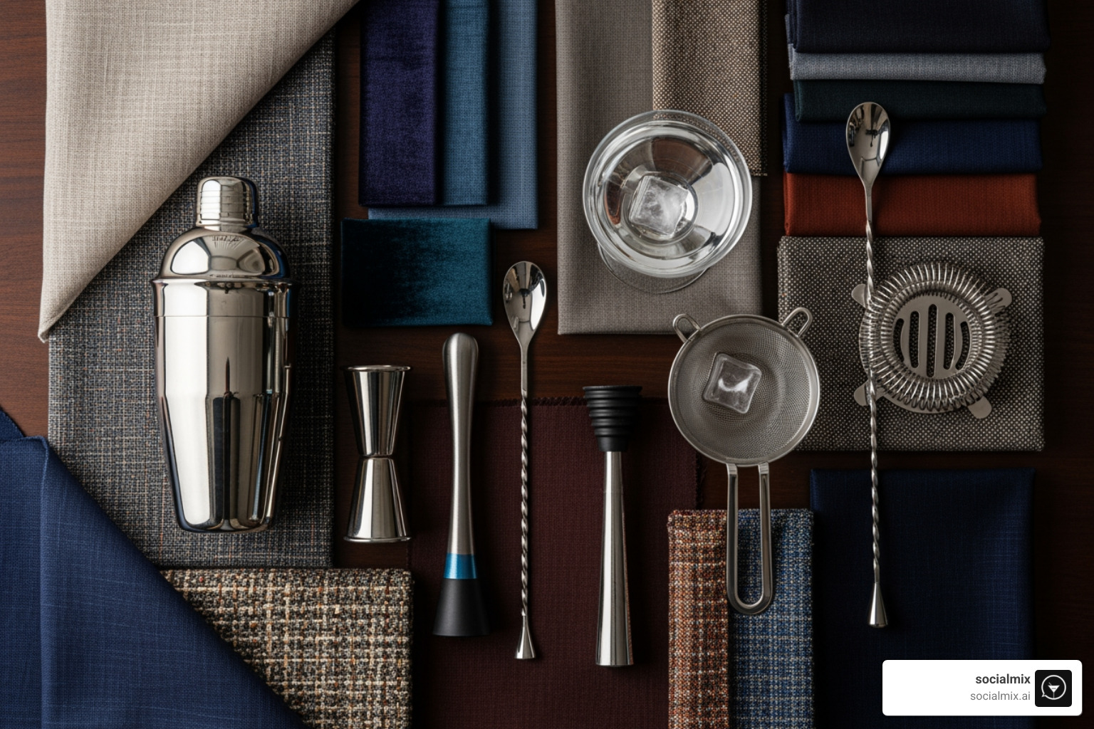 different fabric swatches and bartender tools - dinner party attire different fabric swatches and bartender tools - dinner party attire