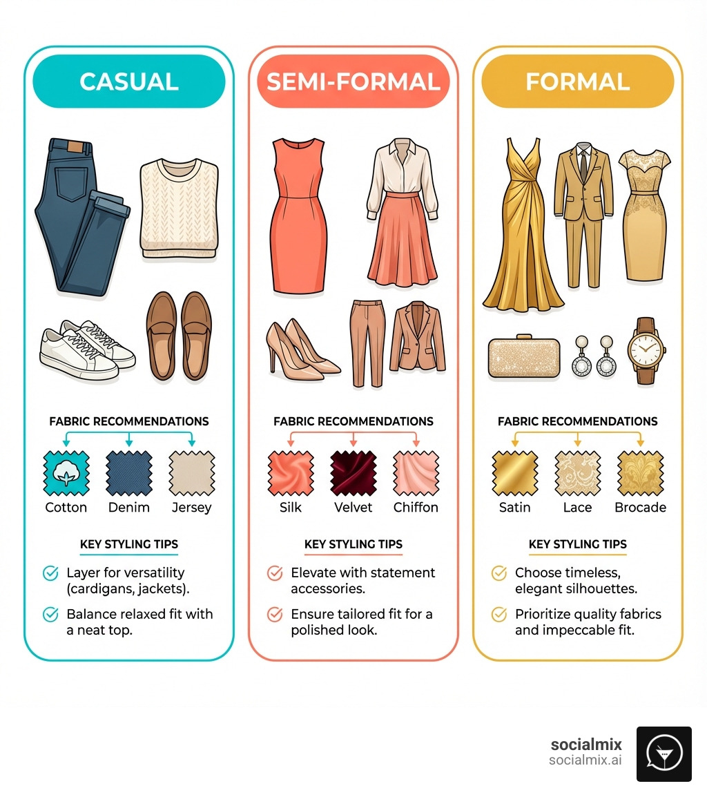 Infographic showing three columns labeled Casual, Semi-Formal, and Formal dinner party dress codes. Casual column shows jeans, stylish tops, and comfortable shoes. Semi-Formal column displays cocktail dresses, midi skirts with blouses, and tailored trousers with heels. Formal column features evening gowns, sophisticated suits, and luxury accessories. Each column includes fabric recommendations and key styling tips. - dinner party attire infographic Infographic showing three columns labeled Casual, Semi-Formal, and Formal dinner party dress codes. Casual column shows jeans, stylish tops, and comfortable shoes. Semi-Formal column displays cocktail dresses, midi skirts with blouses, and tailored trousers with heels. Formal column features evening gowns, sophisticated suits, and luxury accessories. Each column includes fabric recommendations and key styling tips. - dinner party attire infographic