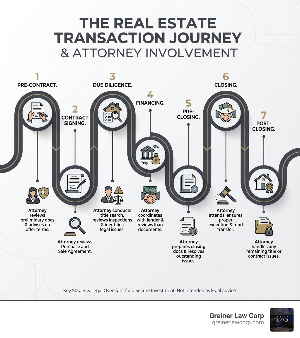 Infographic showing the key stages of a real estate transaction: 1. Pre-Contract (Attorney reviews preliminary documents and advises on offer terms), 2. Contract Signing (Attorney reviews Purchase and Sale Agreement before you sign), 3. Due Diligence Period (Attorney conducts title search, reviews inspection reports, and identifies legal issues), 4. Financing (Attorney coordinates with lender and reviews loan documents), 5. Pre-Closing (Attorney prepares closing documents and resolves outstanding issues), 6. Closing (Attorney attends closing to ensure proper document execution and fund transfer), 7. Post-Closing (Attorney handles any remaining title or contract issues) - when to hire a real estate attorney infographic 