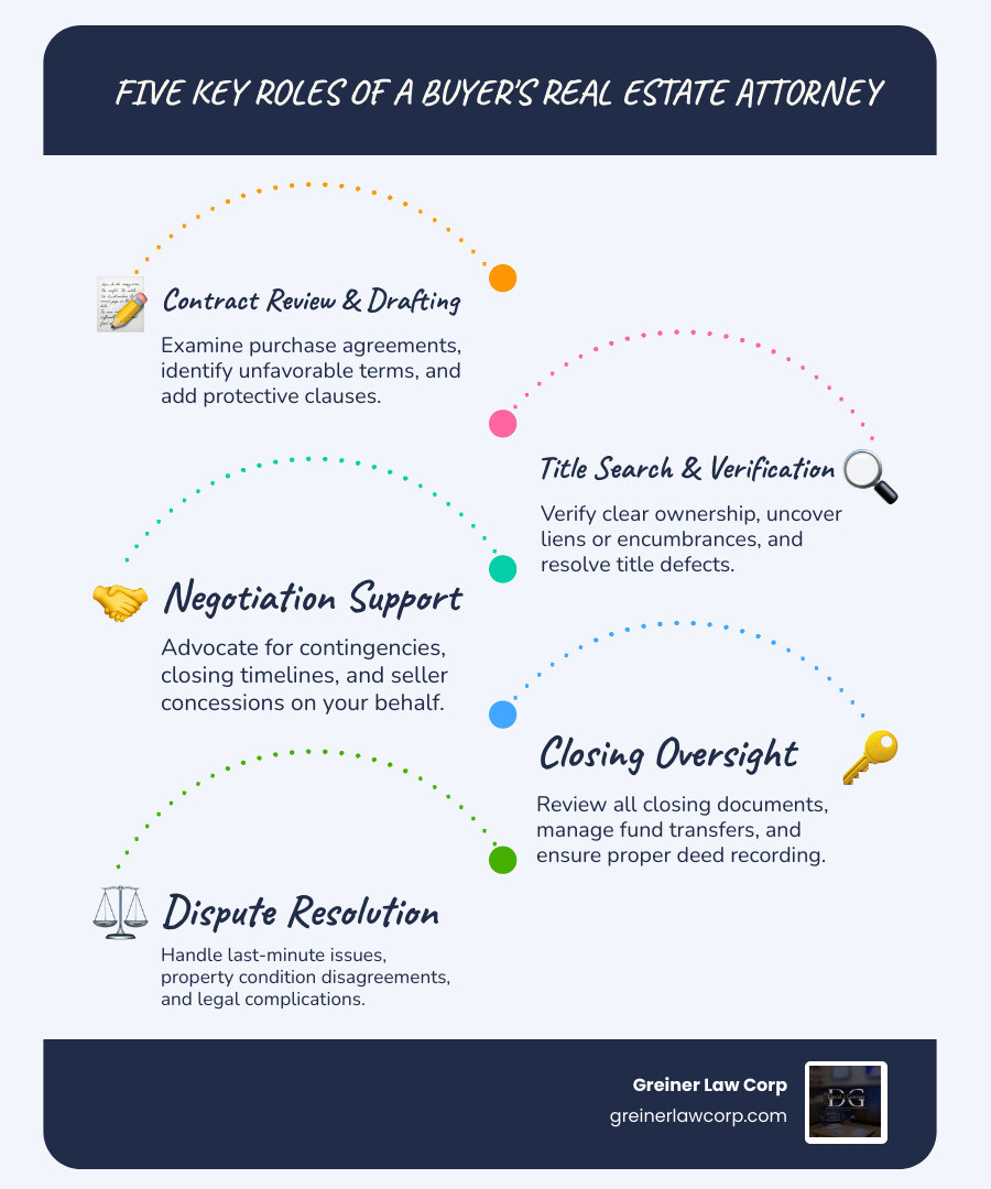Infographic showing five key roles of a buyer's real estate attorney: 1) Contract Review and Drafting - examining purchase agreements and adding protective clauses, 2) Title Search and Verification - investigating ownership history and clearing title defects, 3) Negotiation Support - advocating for favorable contingencies and terms, 4) Closing Oversight - reviewing all documents and managing fund transfers, 5) Dispute Resolution - handling complications and protecting buyer interests throughout the transaction - what does a real estate attorney do for a buyer infographic infographic-line-5-steps-blues-accent_colors