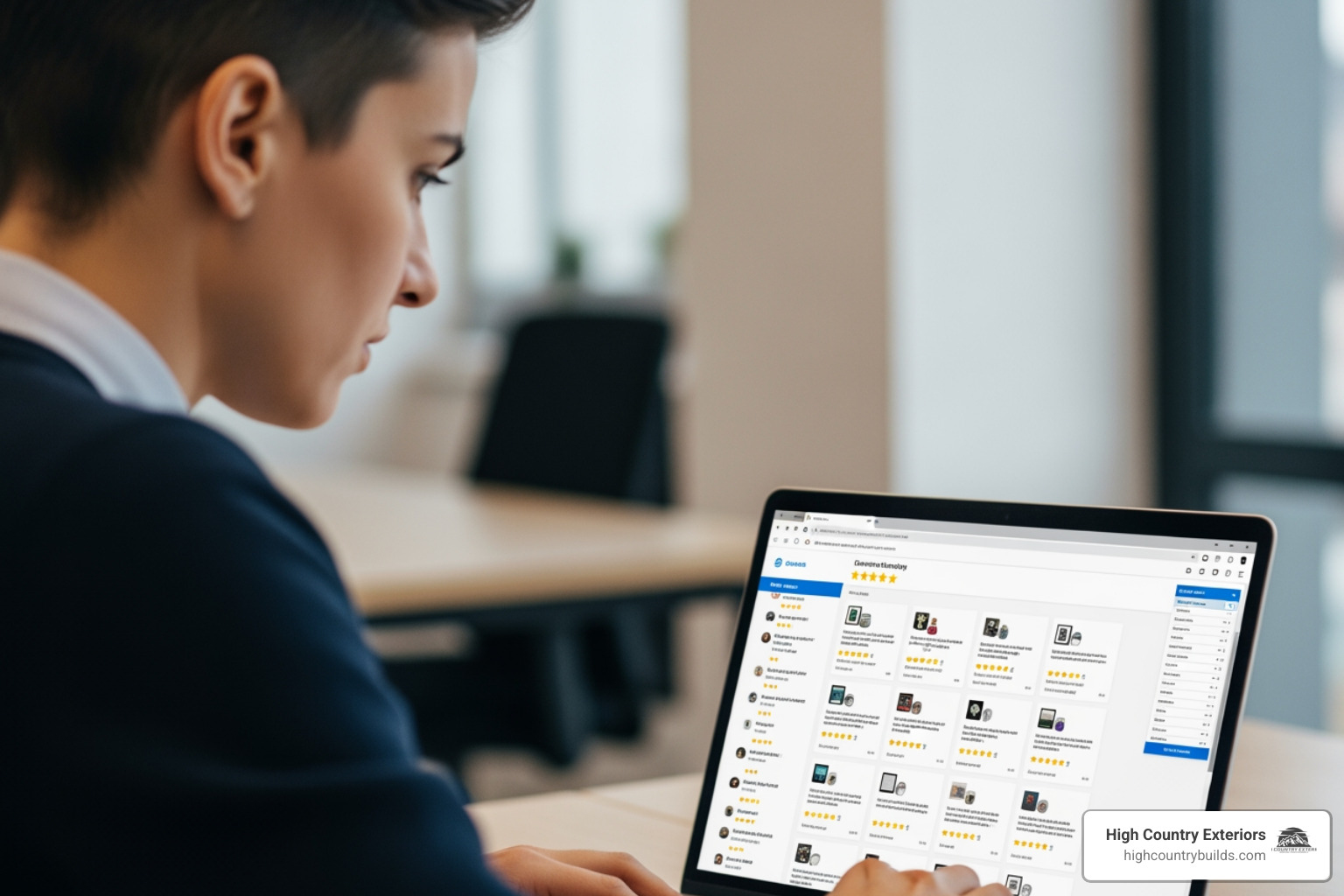 Person reading reviews on laptop - idaho roofing contractors reviews