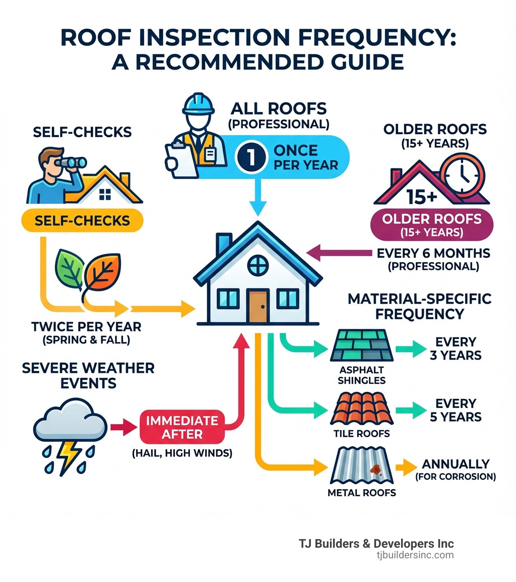 Infographic showing recommended roof inspection frequency: annual professional inspections for all roofs, bi-annual self-checks in spring and fall, more frequent inspections every 6 months for roofs over 15 years old, immediate inspection after severe weather events like hail or high winds, and inspection frequency varying by material type with asphalt shingles every 3 years, tile roofs every 5 years, and metal roofs inspected annually for corrosion - how often should you inspect your roof infographic 