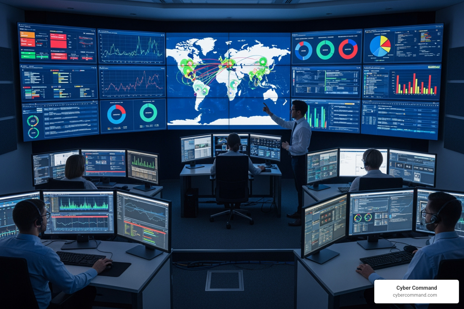 A network operations center dashboard displaying real-time data, alerts, and system health metrics across multiple screens. - it outsourcing florida