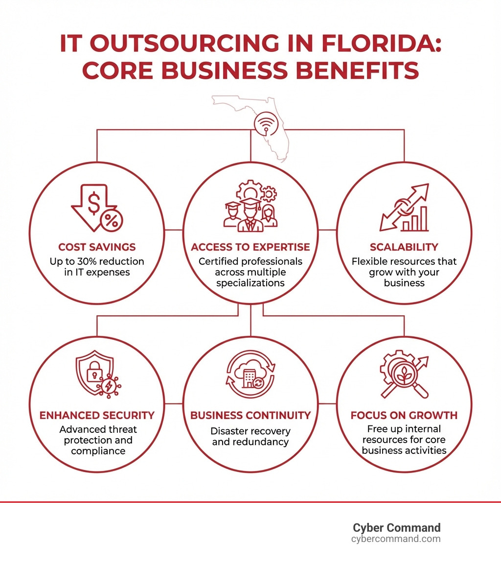 Infographic showing the core benefits of IT outsourcing for Florida businesses: Cost Savings (up to 30% reduction in IT expenses), Access to Expertise (certified professionals across multiple specializations), Scalability (flexible resources that grow with your business), Enhanced Security (advanced threat protection and compliance), Business Continuity (disaster recovery and redundancy), and Focus on Growth (free up internal resources for core business activities) - it outsourcing florida infographic 