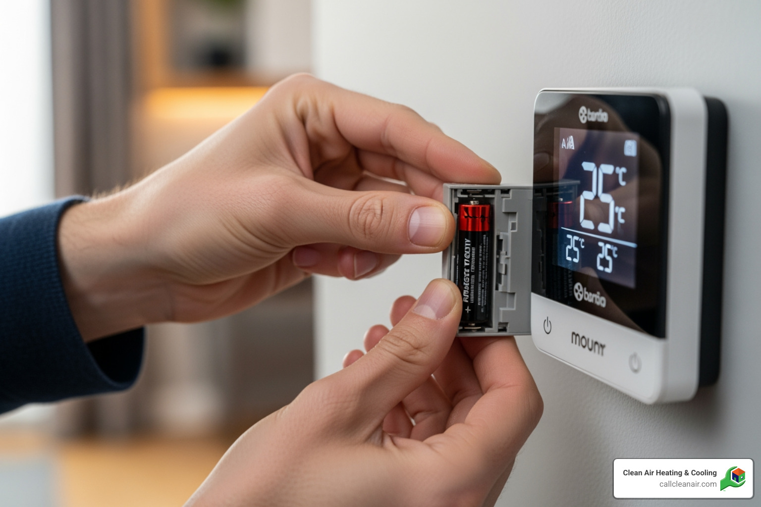 person changing thermostat batteries - heat not working