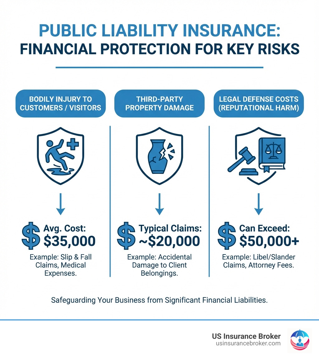 infographic showing the top 3 risks covered by public liability insurance: bodily injury to customers or visitors with average cost of $35,000, property damage to third-party belongings with typical claims around $20,000, and legal defense costs which can exceed $50,000 for reputational harm claims - cheap public liability insurance quote infographic infographic showing the top 3 risks covered by public liability insurance: bodily injury to customers or visitors with average cost of $35,000, property damage to third-party belongings with typical claims around $20,000, and legal defense costs which can exceed $50,000 for reputational harm claims - cheap public liability insurance quote infographic