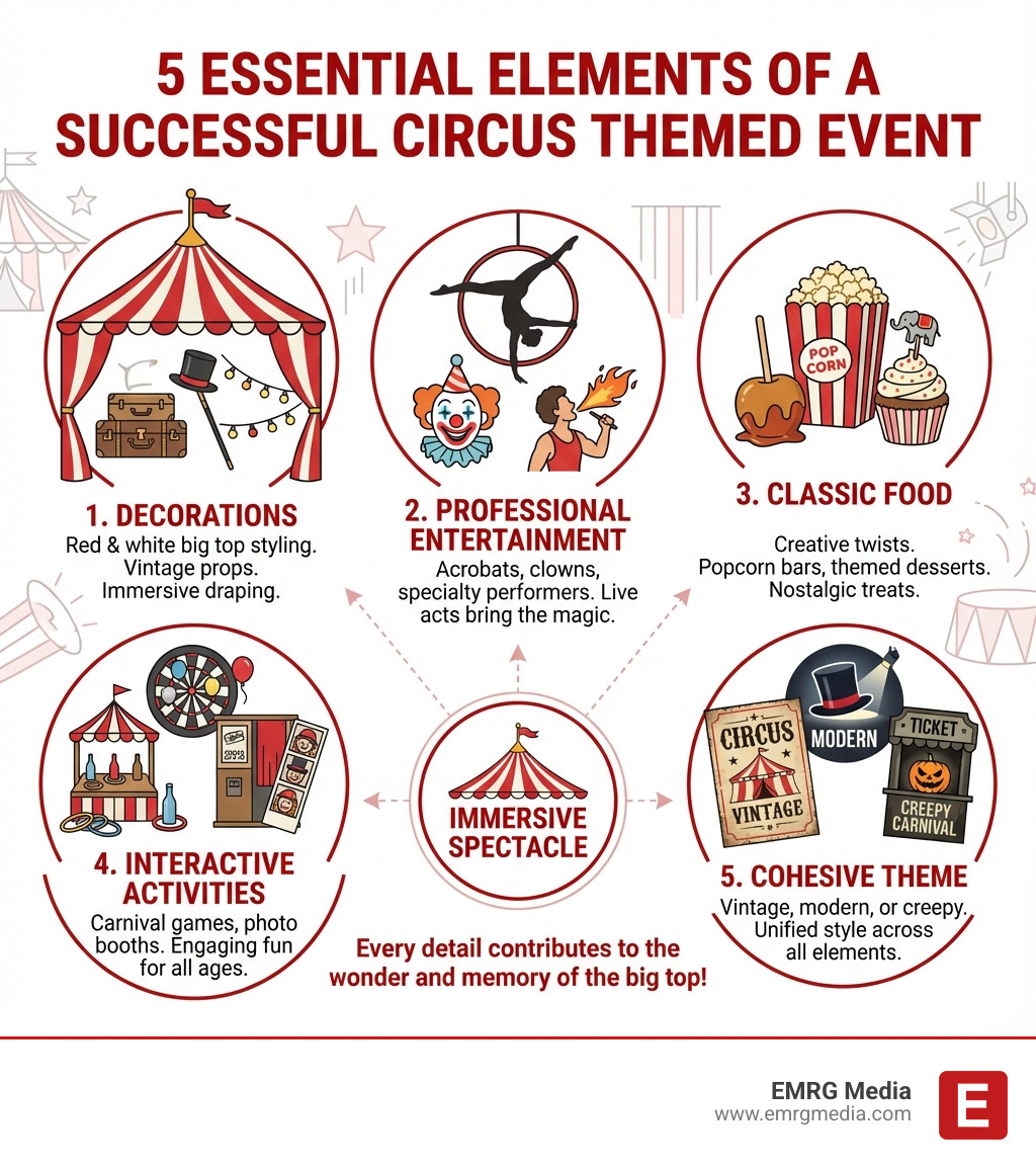 Infographic explaining the 5 essential elements of a successful circus themed event: 1. Decorations with red and white big top styling and vintage props, 2. Professional Entertainment including acrobats, clowns, and specialty performers, 3. Classic Food with creative twists like popcorn bars and themed desserts, 4. Interactive Activities such as carnival games and photo booths, 5. Cohesive Theme whether vintage, modern, or creepy carnival style - Circus themed event infographic Infographic explaining the 5 essential elements of a successful circus themed event: 1. Decorations with red and white big top styling and vintage props, 2. Professional Entertainment including acrobats, clowns, and specialty performers, 3. Classic Food with creative twists like popcorn bars and themed desserts, 4. Interactive Activities such as carnival games and photo booths, 5. Cohesive Theme whether vintage, modern, or creepy carnival style - Circus themed event infographic