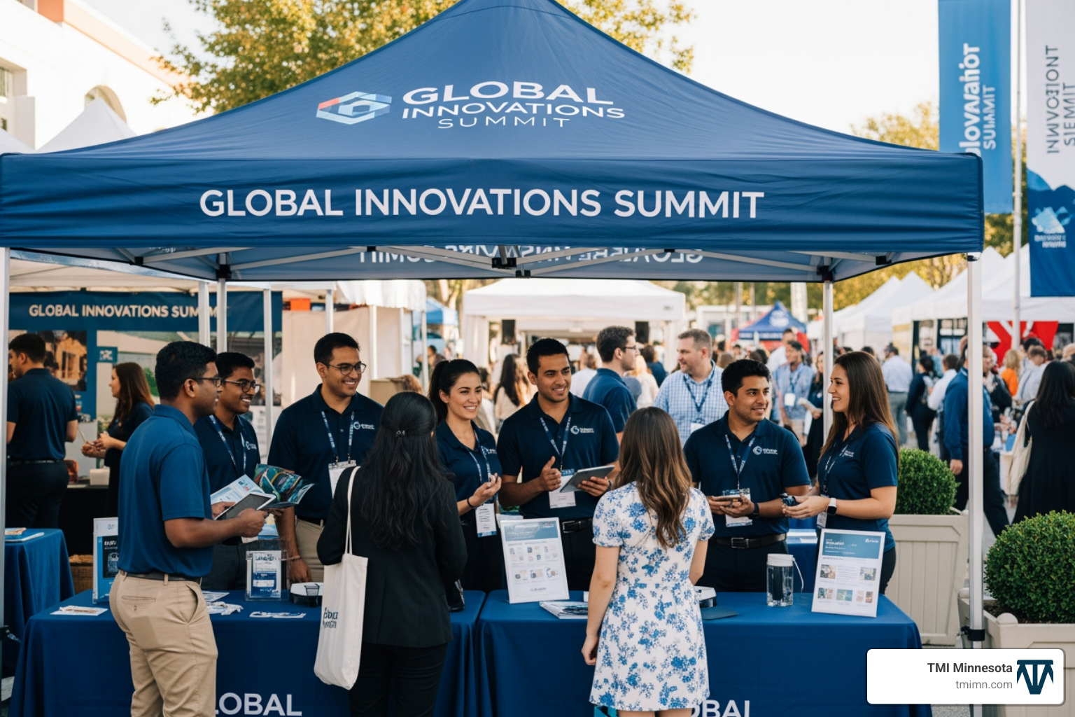 Image of a business team interacting with customers under a professional custom canopy at a trade show - custom canopy Image of a business team interacting with customers under a professional custom canopy at a trade show - custom canopy