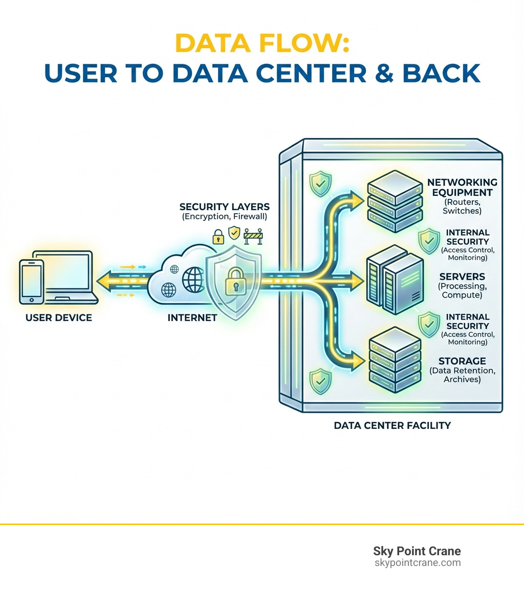 infographic showing data flow from user device through internet to data center facility servers, storage, and networking equipment, then back to user with labels for each component and security layers - Data center facility infographic infographic showing data flow from user device through internet to data center facility servers, storage, and networking equipment, then back to user with labels for each component and security layers - Data center facility infographic