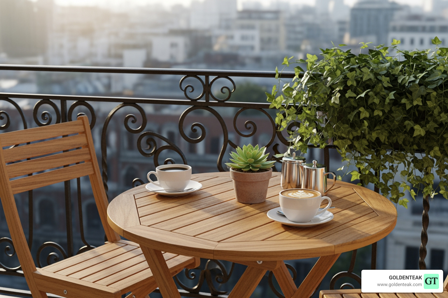 A Goldenteak 3pc Bistro Set on a small balcony with coffee cups - best teak dining set