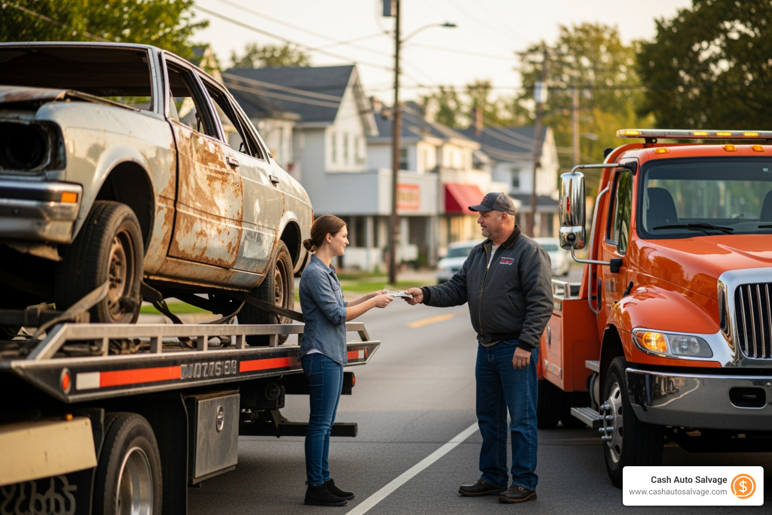 person receiving cash in front of a tow truck hauling an old car - broken down car pick up