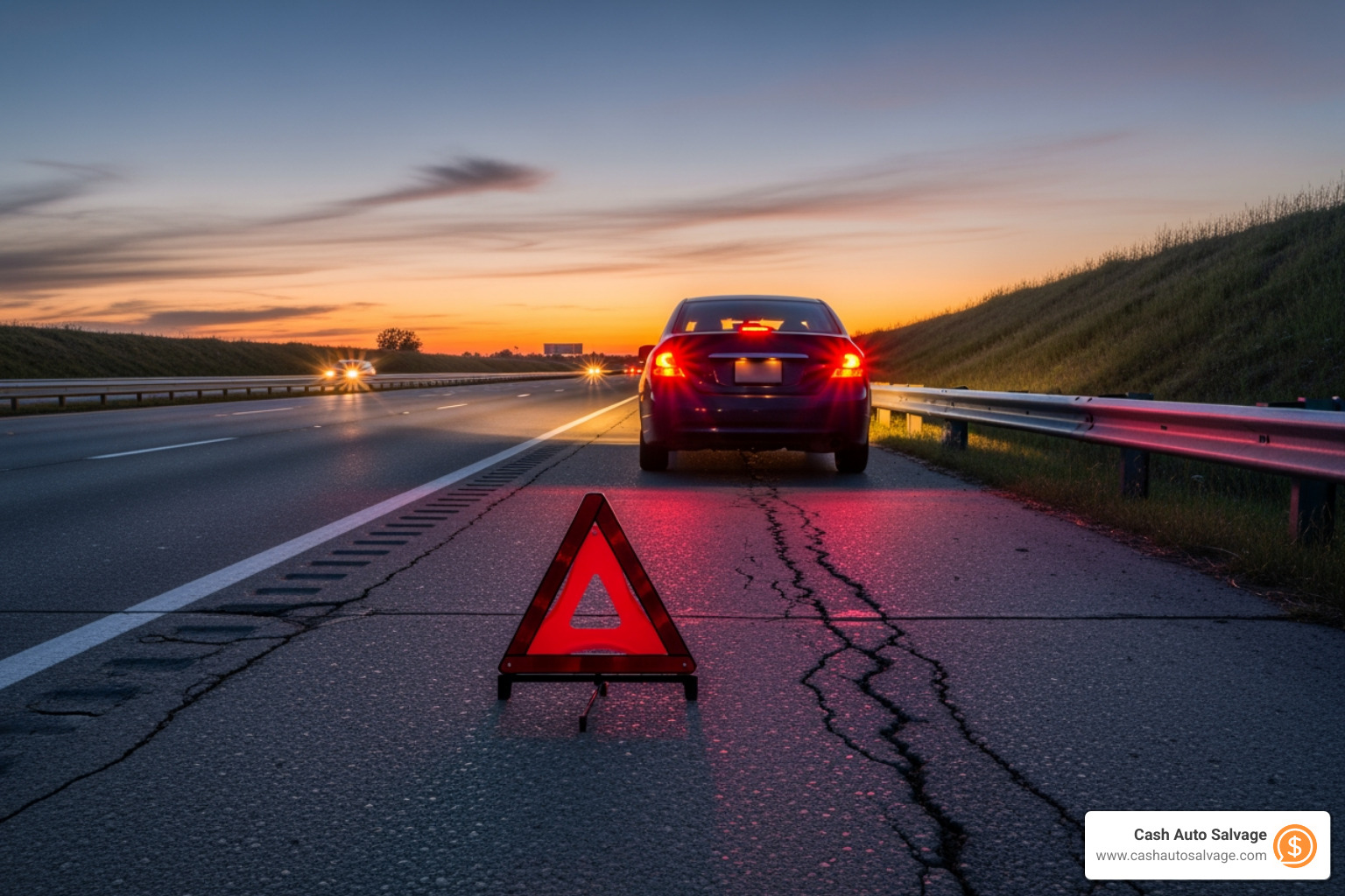 safety triangle placed behind a car on a road shoulder - broken down car pick up
