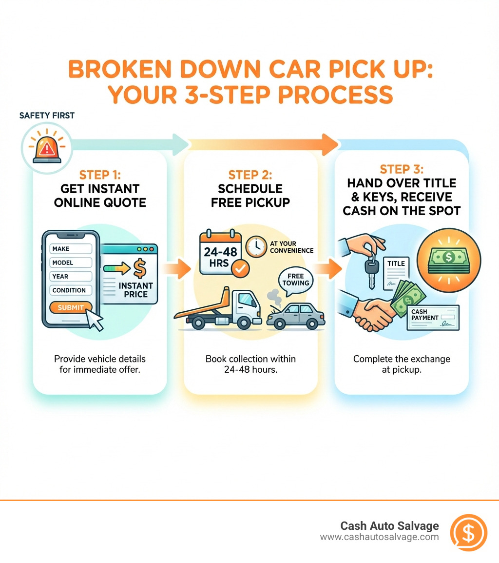Infographic showing the broken down car pick up process: Step 1 - Get instant online quote by providing vehicle details; Step 2 - Schedule free pickup within 24-48 hours at your convenience; Step 3 - Hand over title and keys, receive cash payment on the spot; Icons showing safety first with hazard lights, tow truck arrival, and money exchange - broken down car pick up infographic 