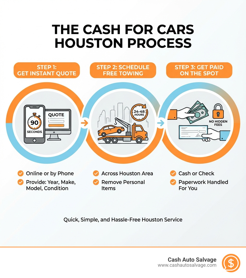 Infographic showing the cash for cars process: Step 1 - Get instant quote online or by phone in 90 seconds, provide year make model condition; Step 2 - Schedule free towing within 24-48 hours across Houston area, remove personal items; Step 3 - Get paid on the spot with cash or check, no hidden fees, paperwork handled for you - cash for cars houston infographic 