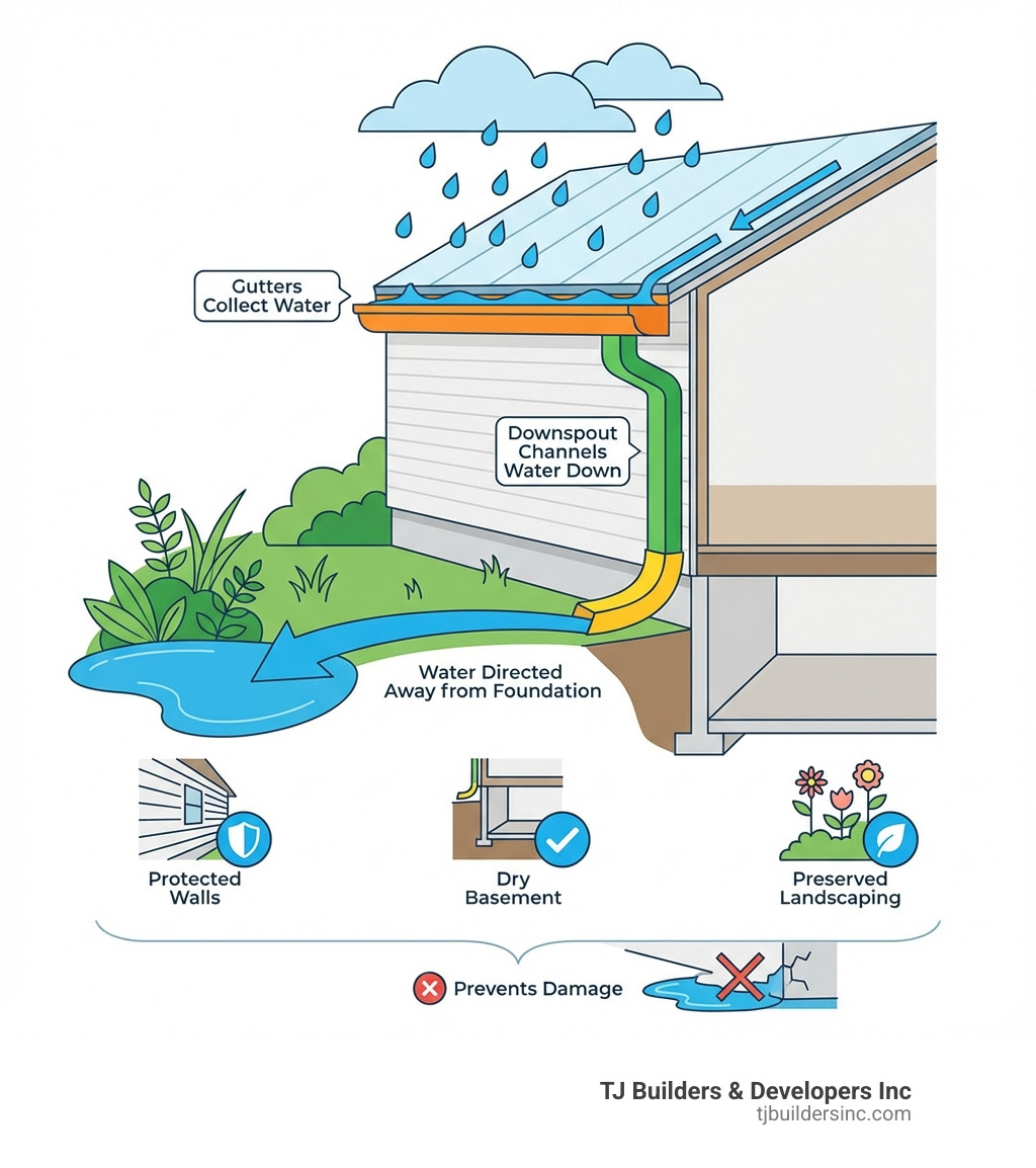 infographic showing a cross-section of a house with gutters collecting roof water, channeling it through downspouts, and directing it away from the foundation to prevent water damage to walls, basement, and landscaping - gutters infographic infographic showing a cross-section of a house with gutters collecting roof water, channeling it through downspouts, and directing it away from the foundation to prevent water damage to walls, basement, and landscaping - gutters infographic