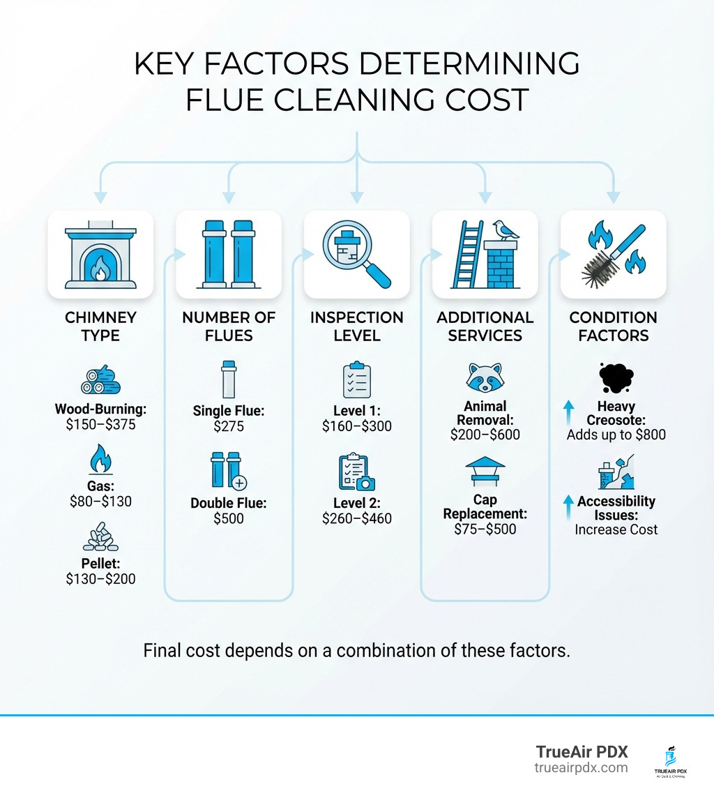infographic showing key factors that determine flue cleaning cost including chimney type (wood-burning $150-375, gas $80-130, pellet $130-200), number of flues (single flue $275, double flue $500), inspection level (Level 1 $160-300, Level 2 $260-460), additional services (animal removal $200-600, cap replacement $75-500), and condition factors (heavy creosote adds up to $800, accessibility issues increase cost) - flue cleaning cost infographic infographic showing key factors that determine flue cleaning cost including chimney type (wood-burning $150-375, gas $80-130, pellet $130-200), number of flues (single flue $275, double flue $500), inspection level (Level 1 $160-300, Level 2 $260-460), additional services (animal removal $200-600, cap replacement $75-500), and condition factors (heavy creosote adds up to $800, accessibility issues increase cost) - flue cleaning cost infographic