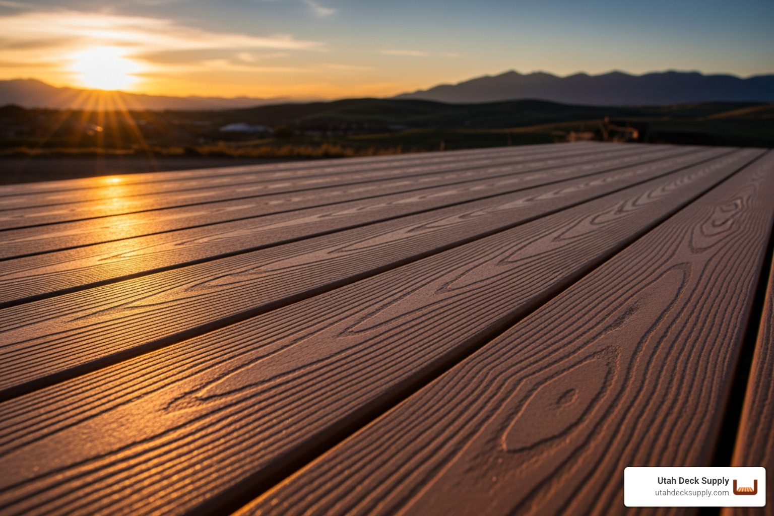 classic WPC deck board showing its wood-grain texture and rich color at sunset in northern Utah - Composite deck board types