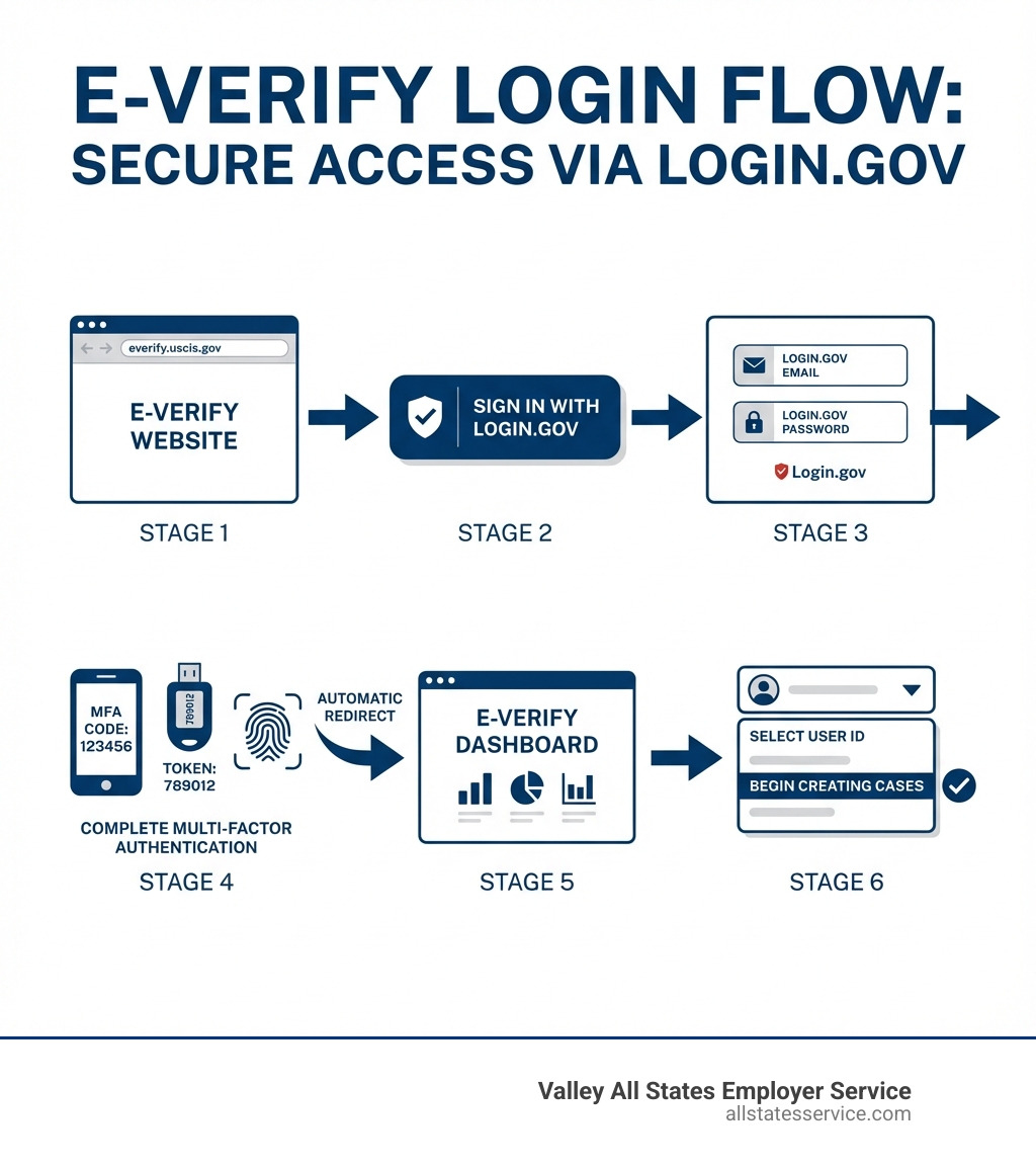 Infographic showing the E-Verify login flow: user visits E-Verify website, clicks Sign In with Login.gov button, enters Login.gov email and password, completes multi-factor authentication, automatically redirects to E-Verify dashboard, selects User ID to begin creating cases - E-Verify password reset infographic 