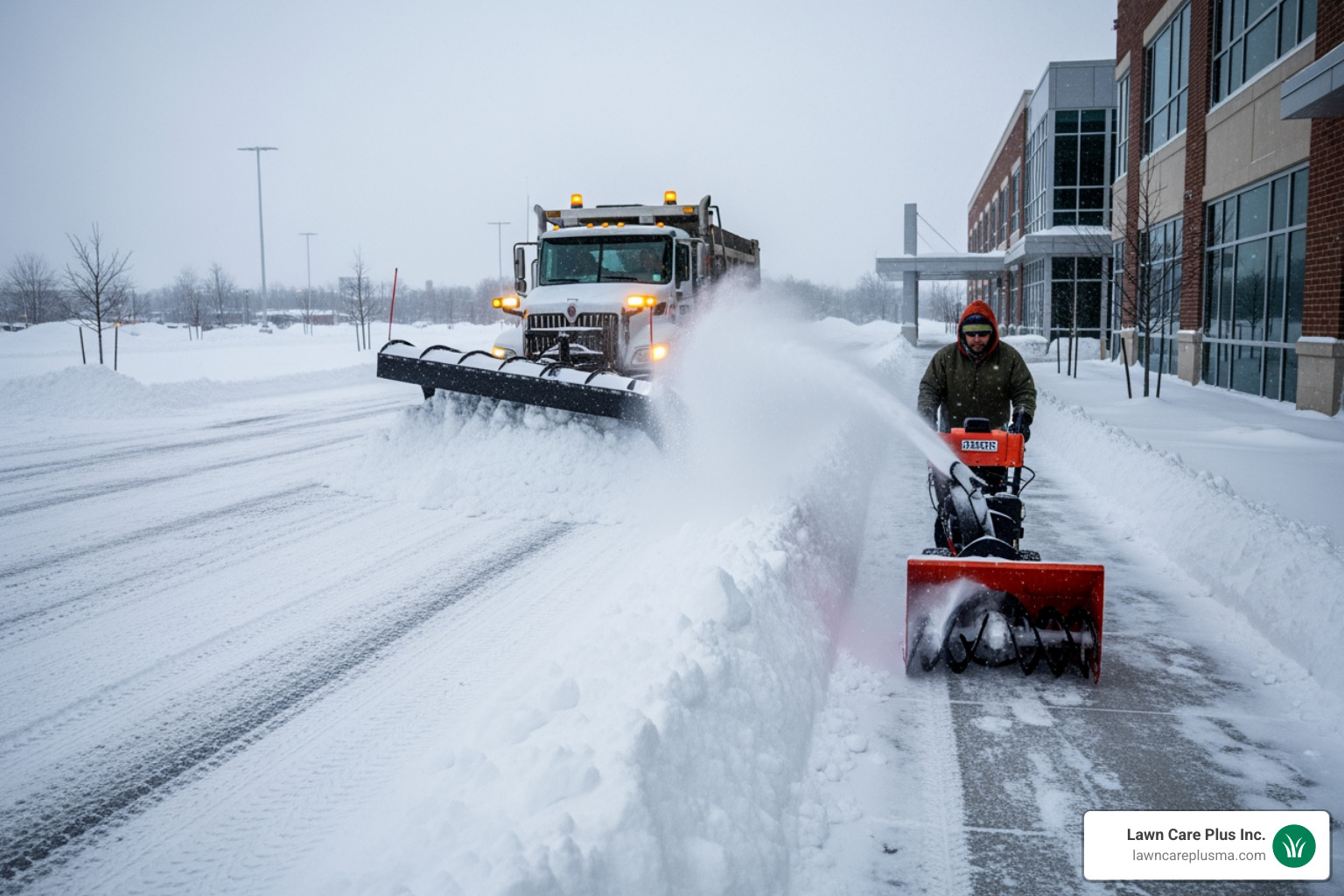 Plow truck clearing a parking lot and a person using a snow blower on a walkway - Roslindale snow removal Plow truck clearing a parking lot and a person using a snow blower on a walkway - Roslindale snow removal