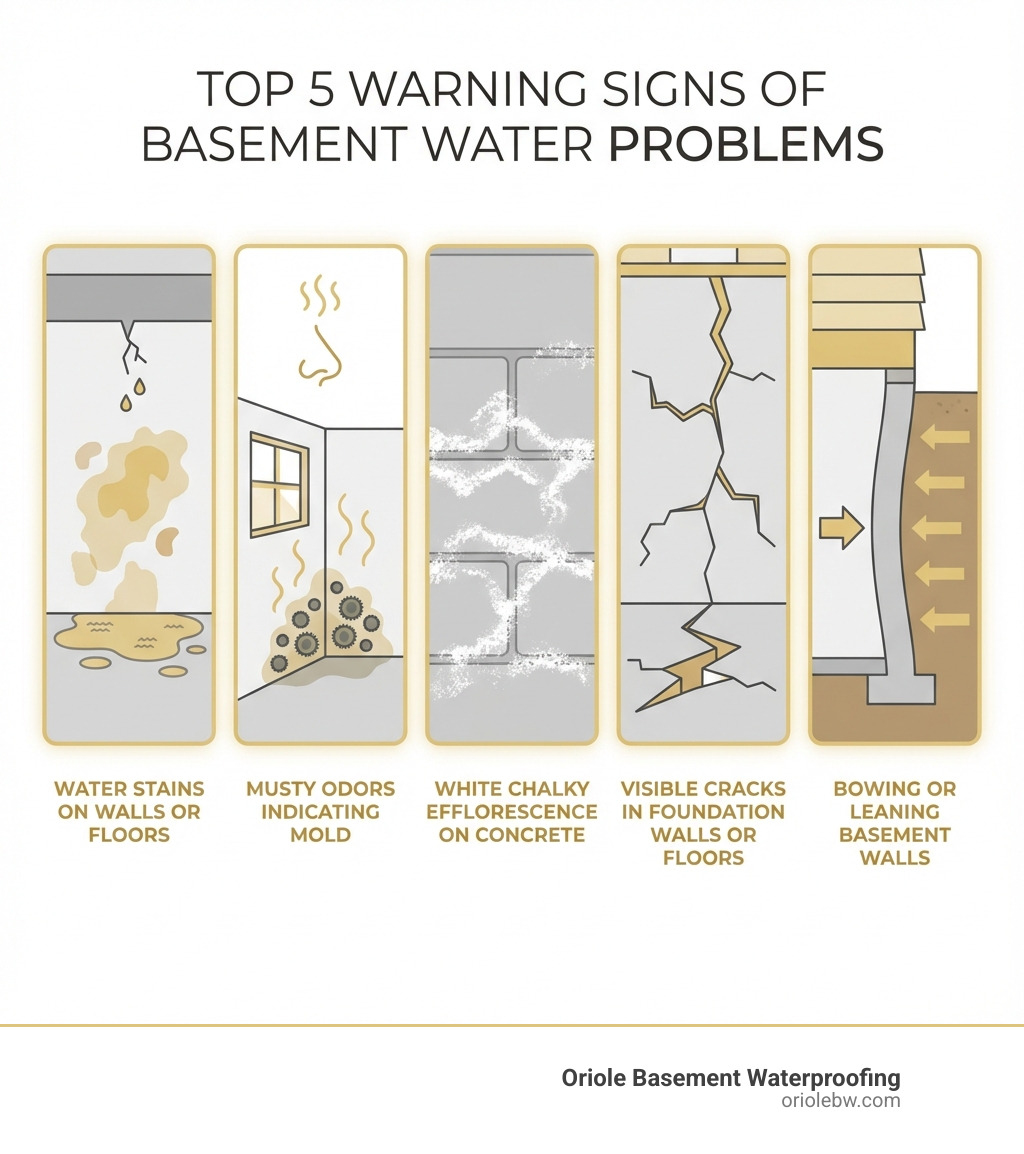 Infographic showing the top 5 warning signs of basement water problems: water stains on walls or floors, musty odors indicating mold, white chalky efflorescence on concrete, visible cracks in foundation walls or floors, and bowing or leaning basement walls with labels and simple illustrations of a Maryland basement - basement water issues infographic Infographic showing the top 5 warning signs of basement water problems: water stains on walls or floors, musty odors indicating mold, white chalky efflorescence on concrete, visible cracks in foundation walls or floors, and bowing or leaning basement walls with labels and simple illustrations of a Maryland basement - basement water issues infographic