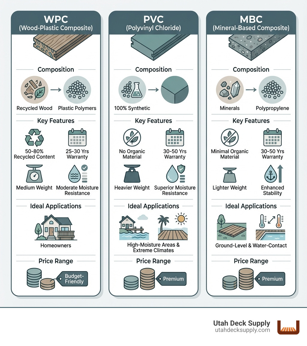 Infographic showing three columns comparing WPC, PVC, and MBC composite deck board types with visual representations of their composition, key features (recycled content percentage, warranty length, weight, moisture resistance), ideal applications, and price ranges from budget-friendly to premium - Composite deck board types infographic 