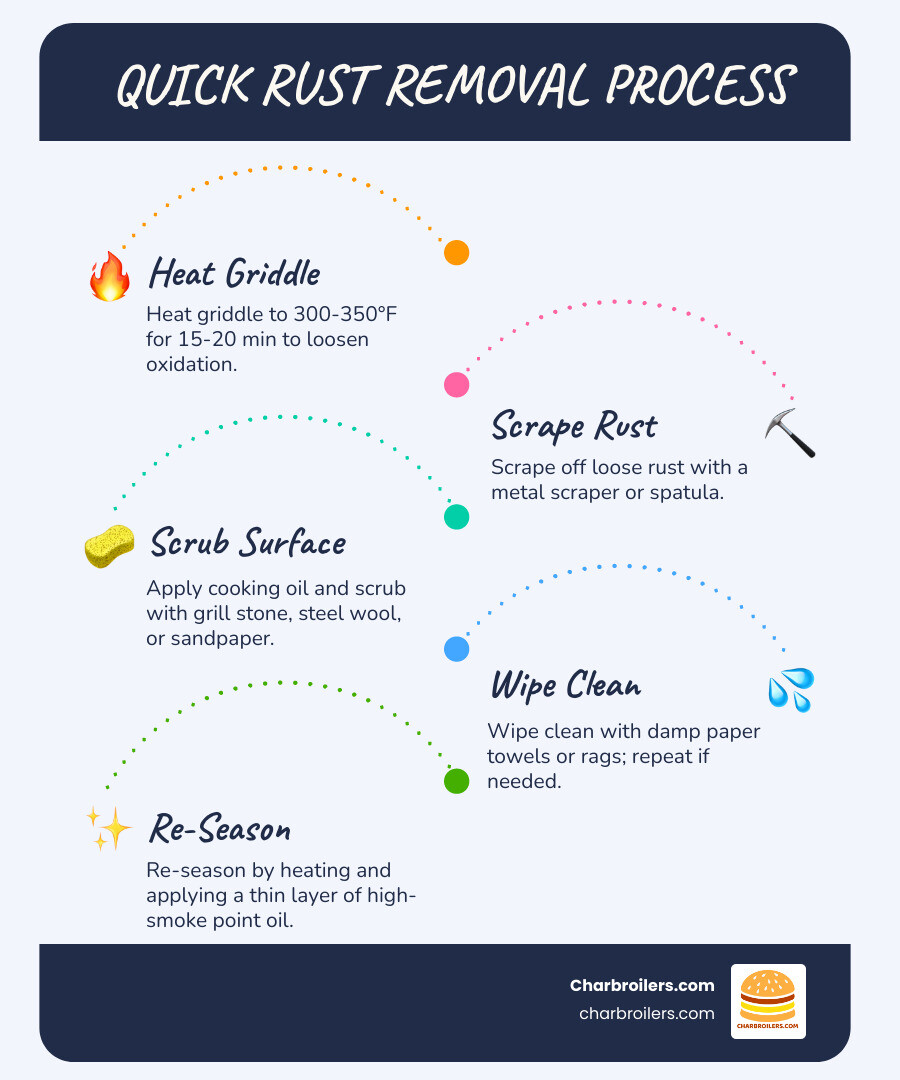Infographic showing 5 steps to remove rust from commercial griddle: Step 1 - Heat griddle to 300-350°F for 15-20 minutes; Step 2 - Scrape loose rust with metal scraper; Step 3 - Apply cooking oil and scrub with grill stone or steel wool; Step 4 - Wipe clean with damp towels and repeat if needed; Step 5 - Re-season with thin layer of high-smoke point oil - how to clean rust off a commercial griddle infographic infographic-line-5-steps-blues-accent_colors Infographic showing 5 steps to remove rust from commercial griddle: Step 1 - Heat griddle to 300-350°F for 15-20 minutes; Step 2 - Scrape loose rust with metal scraper; Step 3 - Apply cooking oil and scrub with grill stone or steel wool; Step 4 - Wipe clean with damp towels and repeat if needed; Step 5 - Re-season with thin layer of high-smoke point oil - how to clean rust off a commercial griddle infographic infographic-line-5-steps-blues-accent_colors