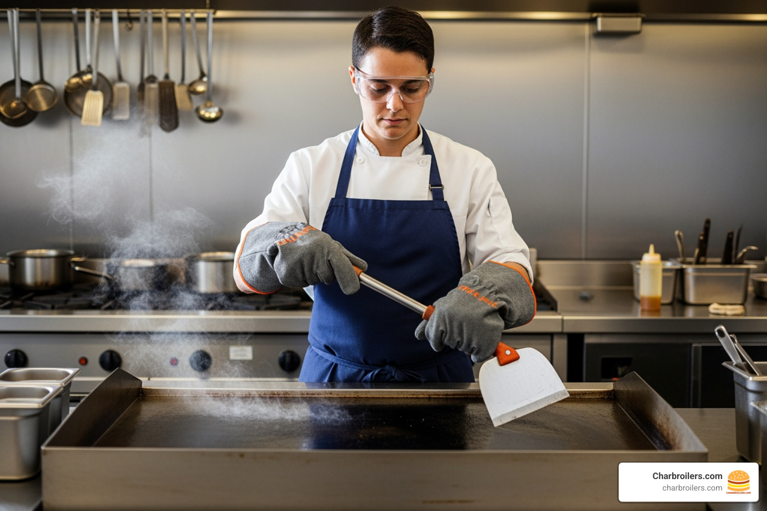 person wearing heat-resistant gloves and safety glasses preparing to clean a griddle - how to clean rust off a commercial griddle person wearing heat-resistant gloves and safety glasses preparing to clean a griddle - how to clean rust off a commercial griddle