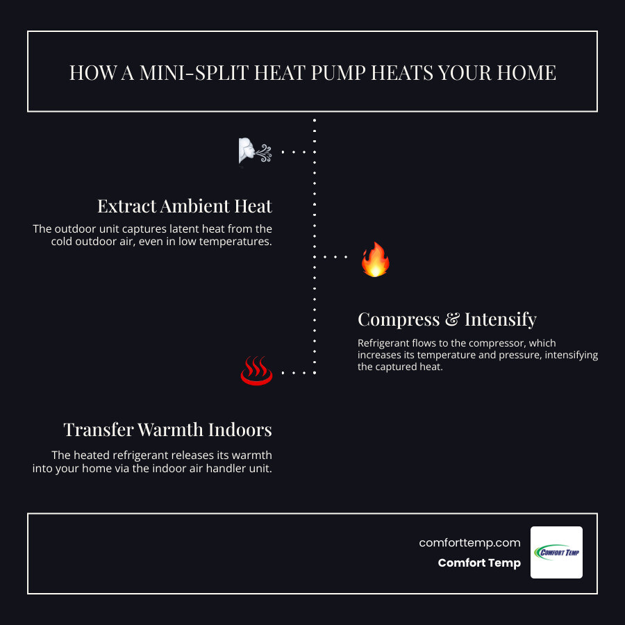 Infographic showing how a mini-split heat pump extracts ambient heat from cold outdoor air using a refrigerant cycle, compresses it to raise the temperature, and transfers the warmth indoors through the indoor air handler unit. The diagram illustrates the outdoor condenser, refrigerant lines, and indoor unit with arrows showing heat flow direction during heating mode. - best mini split for heating infographic infographic-line-3-steps-dark Infographic showing how a mini-split heat pump extracts ambient heat from cold outdoor air using a refrigerant cycle, compresses it to raise the temperature, and transfers the warmth indoors through the indoor air handler unit. The diagram illustrates the outdoor condenser, refrigerant lines, and indoor unit with arrows showing heat flow direction during heating mode. - best mini split for heating infographic infographic-line-3-steps-dark