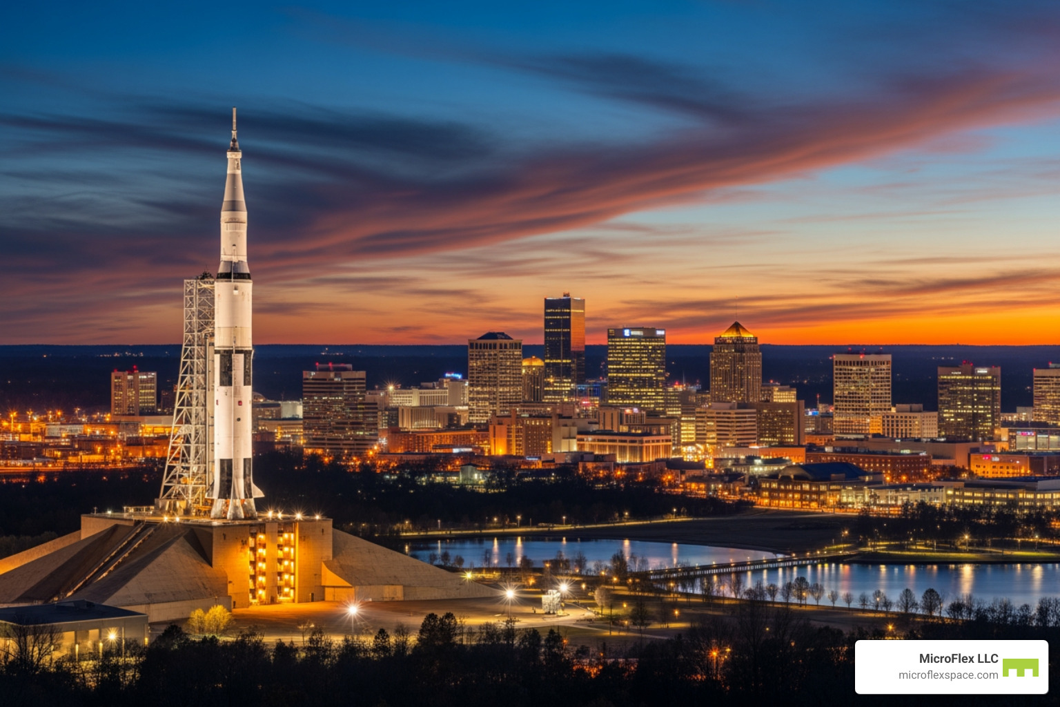 Huntsville skyline with Saturn V rocket - Huntsville business incubation space Huntsville skyline with Saturn V rocket - Huntsville business incubation space