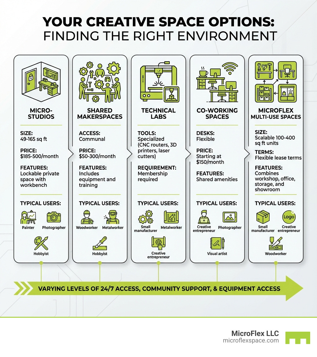 Infographic showing the range of creative space options available: Micro-Studios (49-165 sq ft, $185-500/month, lockable private space with workbench), Shared Makerspaces (communal access, $50-300/month, includes equipment and training), Technical Labs (specialized tools like CNC routers, 3D printers, laser cutters, membership required), Co-working Spaces (flexible desks, shared amenities, starting at $150/month), and MicroFlex Multi-Use Spaces (scalable 100-400 sq ft units combining workshop, office, storage, and showroom, flexible lease terms). Each category shows typical users: visual artists, photographers, woodworkers, metalworkers, small manufacturers, hobbyists, and creative entrepreneurs. All spaces offer varying levels of 24/7 access, community support, and equipment access. - creative space near me infographic Infographic showing the range of creative space options available: Micro-Studios (49-165 sq ft, $185-500/month, lockable private space with workbench), Shared Makerspaces (communal access, $50-300/month, includes equipment and training), Technical Labs (specialized tools like CNC routers, 3D printers, laser cutters, membership required), Co-working Spaces (flexible desks, shared amenities, starting at $150/month), and MicroFlex Multi-Use Spaces (scalable 100-400 sq ft units combining workshop, office, storage, and showroom, flexible lease terms). Each category shows typical users: visual artists, photographers, woodworkers, metalworkers, small manufacturers, hobbyists, and creative entrepreneurs. All spaces offer varying levels of 24/7 access, community support, and equipment access. - creative space near me infographic