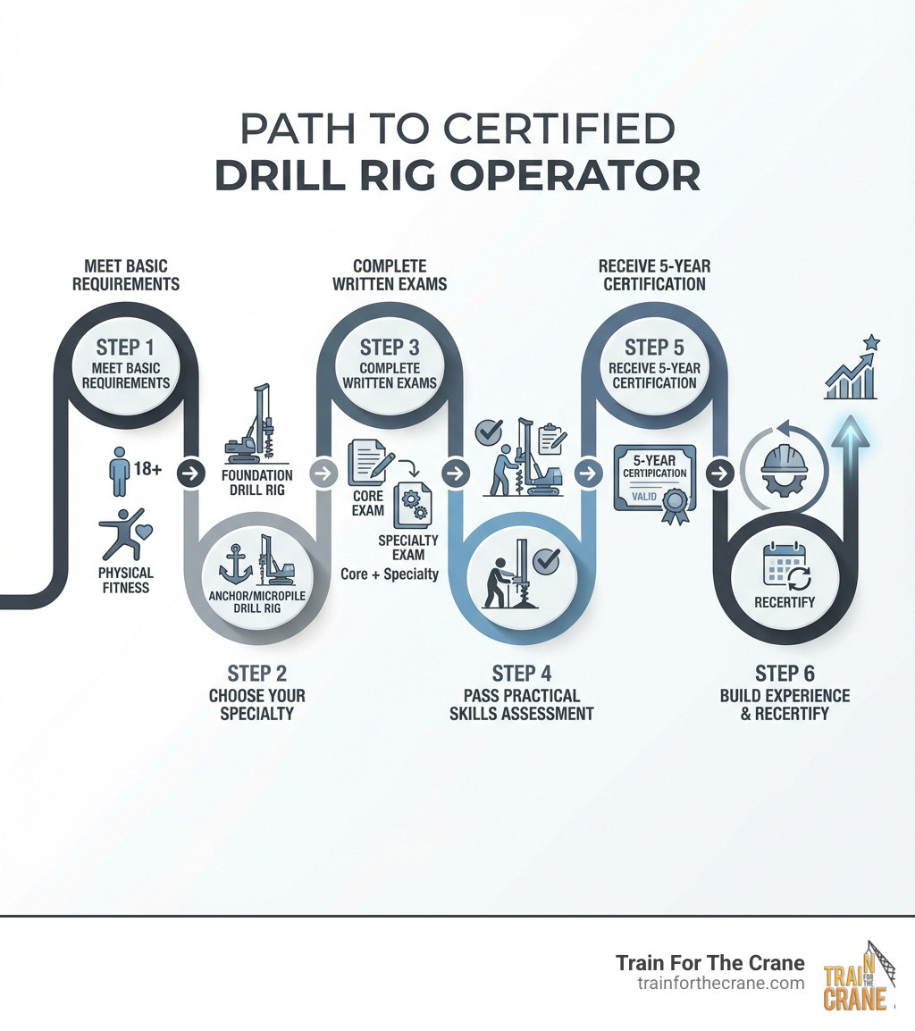 Infographic showing the path from beginner to certified drill rig operator: Step 1 - Meet basic requirements (age 18+, physical fitness); Step 2 - Choose your specialty (Foundation Drill Rig or Anchor/Micropile Drill Rig); Step 3 - Complete written exams (Core plus Specialty); Step 4 - Pass practical skills assessment; Step 5 - Receive 5-year certification; Step 6 - Build experience and recertify - drill rig operator training infographic 