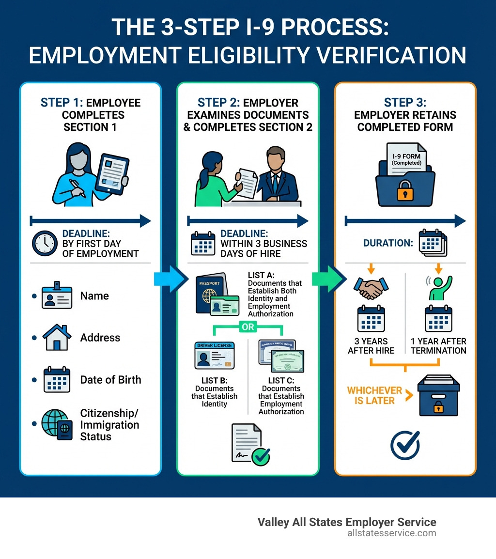 Infographic showing the 3-step I-9 process: Step 1 - Employee completes Section 1 no later than first day of employment, providing name, address, date of birth, and citizenship/immigration status; Step 2 - Employer examines documents from List A or Lists B and C within 3 business days, then completes Section 2; Step 3 - Employer retains completed form for 3 years after hire or 1 year after termination, whichever is later - form i 9 employment eligibility verification printable infographic 