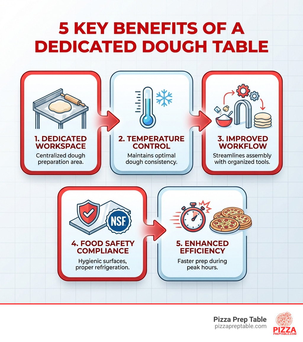 Infographic explaining the 5 key benefits of a dedicated dough table in a commercial kitchen - commercial dough table infographic Infographic explaining the 5 key benefits of a dedicated dough table in a commercial kitchen - commercial dough table infographic