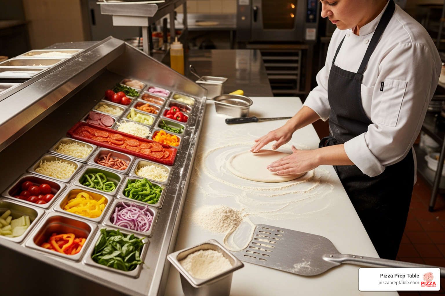 chef using a large refrigerated pizza prep table - commercial dough table chef using a large refrigerated pizza prep table - commercial dough table