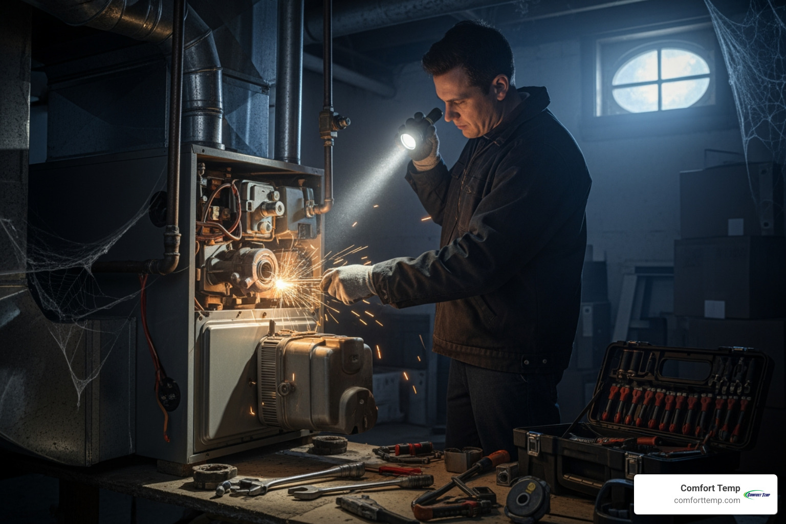 A professional HVAC technician in a blue uniform using diagnostic tools on a residential furnace - emergency furnace repair Gainesville A professional HVAC technician in a blue uniform using diagnostic tools on a residential furnace - emergency furnace repair Gainesville