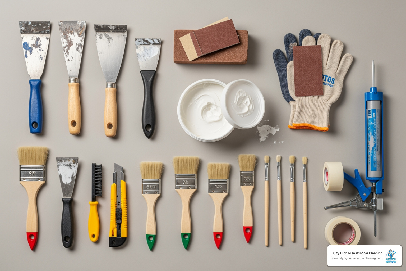 Flat lay of restoration tools—scrapers, sanders, putty, brushes - timber window restoration Flat lay of restoration tools—scrapers, sanders, putty, brushes - timber window restoration