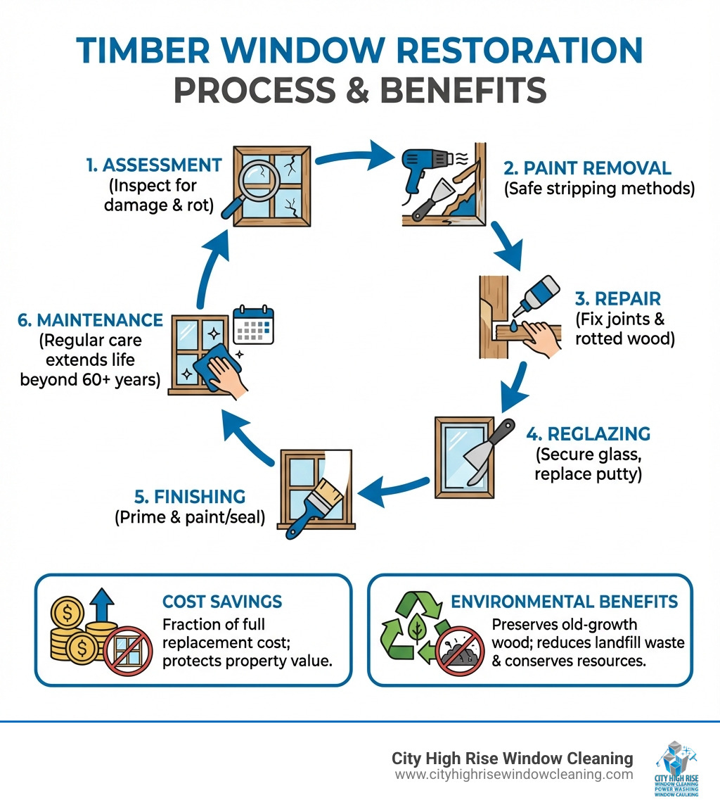 Infographic showing timber window restoration process: assessment, paint removal, repair, reglazing, finishing, and maintenance with cost savings and environmental benefits - timber window restoration infographic Infographic showing timber window restoration process: assessment, paint removal, repair, reglazing, finishing, and maintenance with cost savings and environmental benefits - timber window restoration infographic